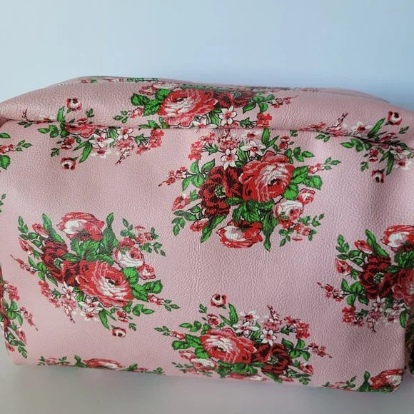 Betsey Johnson Large Double Zip Make Up Cosmetic Bag Pink Floral Red Roses - Picture 7 of 12